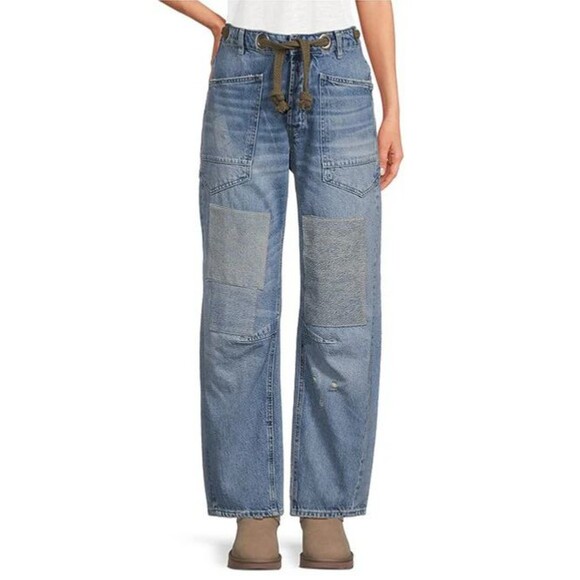 Free People Denim - Free People Women’s Moxie Barrel Jeans size 26 NWOT Rope Belt Patched Distressed